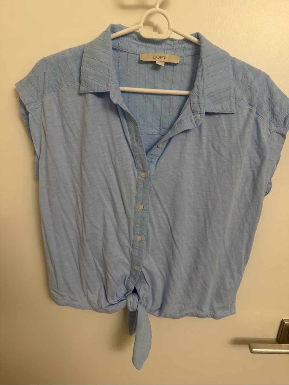 LOFT Pale Blue Short-Sleeve Button-Front Tie-Hem Top